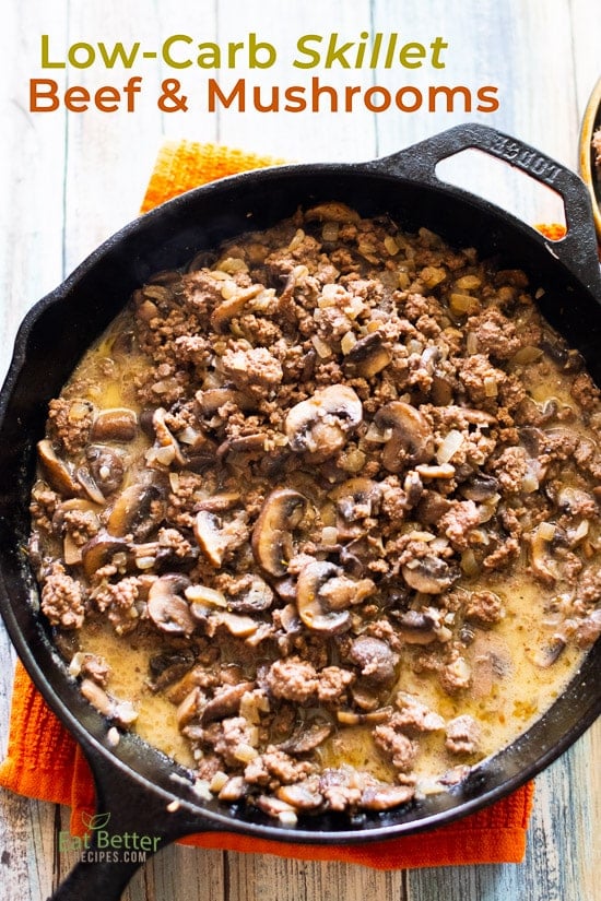 Low Carb Skillet Beef Mushrooms In Cream Sauce in a skillet